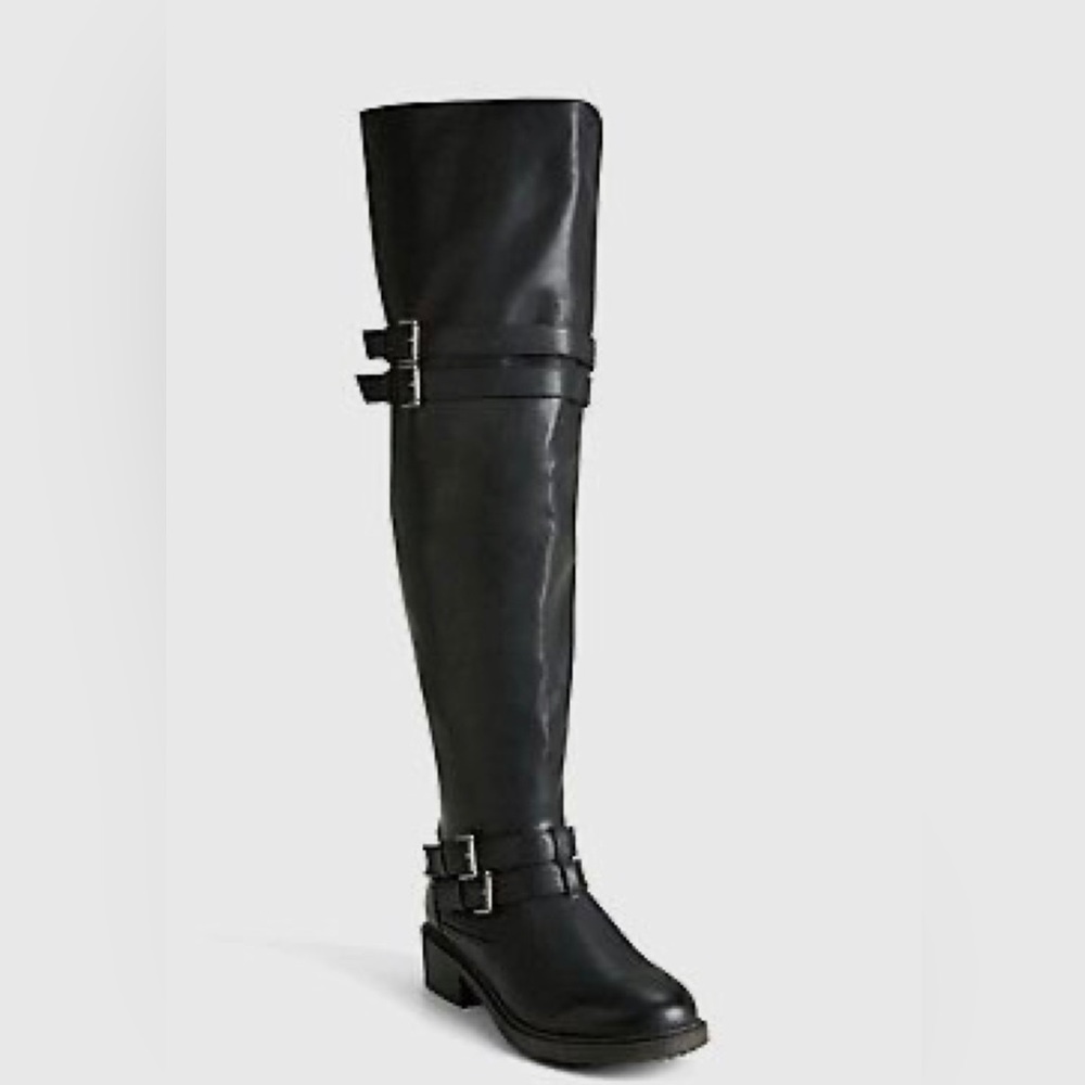 Torrid faux leather pull on thigh boots. Size 7. - Picture 1 of 14